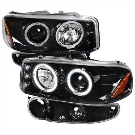 Spec'D Tuning Products - Spec-D 2001-2006 GMC Yukon + XL Denali/ 2002-2006 GMC Sierra Denali Dual Halo Projector Headlights w/ Bumper Lights (Jet Black Housing/Clear Lens)