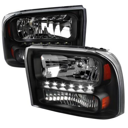 Spec'D Tuning Products - Spec-D 1999-2004 Ford F-250/F-350/F-450/F-550/Excursion Crystal Headlights w/ SMD LED Light Strip (Matte Black Housing/Clear Lens)