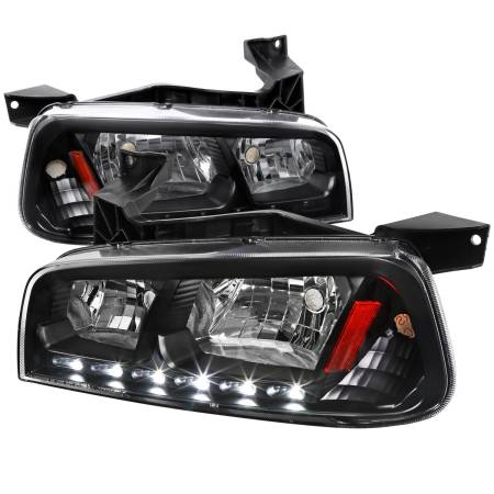 Spec'D Tuning Products - Spec-D 2006-2010 Dodge Charger 1PC Style SMD LED Light Strip Factory Style Headlights w/ Amber Reflector (Matte Black Housing/Clear Lens)