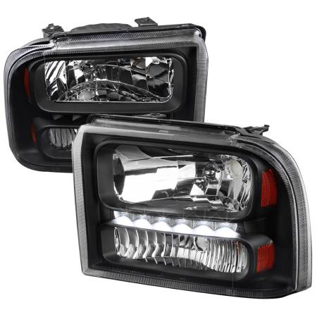Spec'D Tuning Products - Spec-D 2005-2007 Ford F-250/F-350/F-450/F-550/Excursion Crystal Headlights w/ SMD LED Light Strip (Matte Black Housing/Clear Lens)