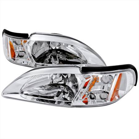 Spec'D Tuning Products - Spec-D 1994-1998 Ford Mustang 1PC Crystal Headlights w/ Amber Reflectors (Chrome Housing/Clear Lens)