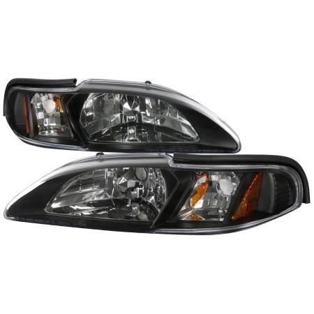 Spec'D Tuning Products - Spec-D 1994-1998 Ford Mustang 1PC Crystal Headlights w/ Amber Reflectors (Matte Black Housing/Clear Lens)
