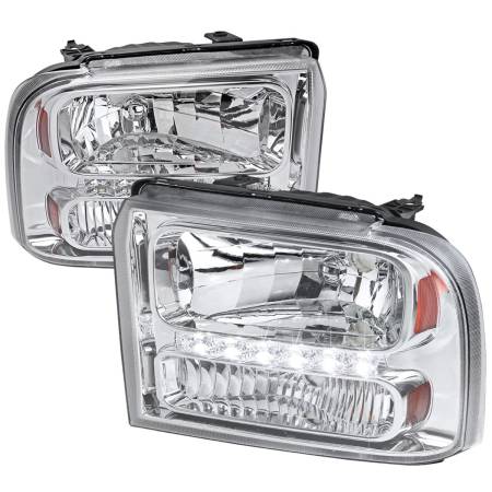 Spec'D Tuning Products - Spec-D 2005-2007 Ford F-250/F-350/F-450/F-550/Excursion Crystal Headlights w/ SMD LED Light Strip (Chrome Housing/Clear Lens)