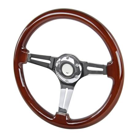 Spec'D Tuning Products - Spec-D 340mm Chrome 3-Spoke 1.75" Deep Dish Classic Wooden Steering Wheel
