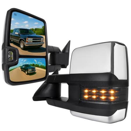 Spec'D Tuning Products - Spec-D 1988-2000 Chevrolet C/K Tahoe GMC Yukon/Suburban Power Adjustable, Heated, & Manual Extendable Towing Mirrors w/ LED Amber Smoke Turn Signal & Clearance Lights