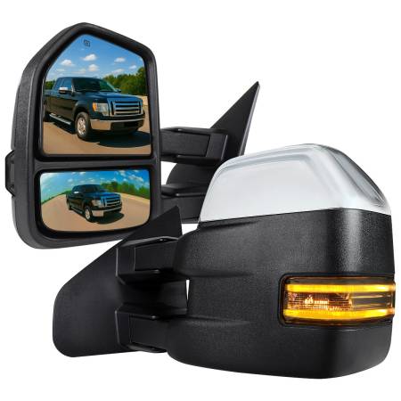 Spec'D Tuning Products - Spec-D 2007-2014 Ford F-150 Chrome Power Adjustable, Heated, & Manual Extendable Towing Mirrors w/ Smoke Lens LED Turn Signal & Puddle Lights