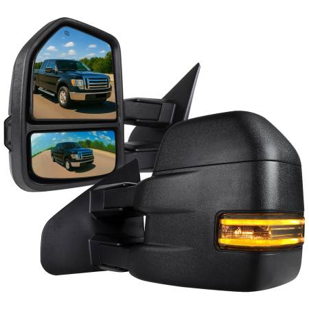 Spec'D Tuning Products - Spec-D 2007-2014 Ford F-150 Power Adjustable, Heated, & Manual Extendable Towing Mirrors w/ Smoke Lens LED Turn Signal & Puddle Lights