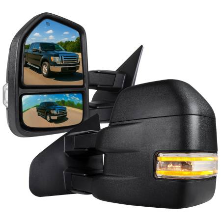 Spec'D Tuning Products - Spec-D 2007-2014 Ford F-150 Power Adjustable, Heated, & Manual Extendable Towing Mirrors w/ Clear Lens LED Turn Signal & Puddle Lights