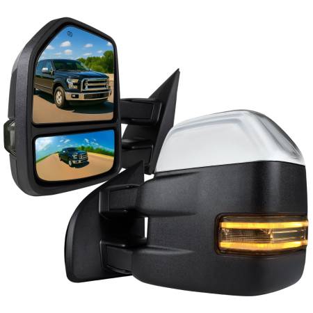 Spec'D Tuning Products - Spec-D 2015-2019 Ford F-150 Power Adjustable, Heated, & Manual Extendable Towing Mirrors w/ Smoke Lens LED Turn Signal, Clearance, Puddle, & Auxiliary Lights