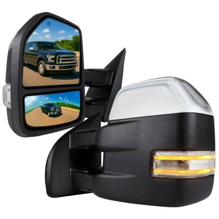 Spec'D Tuning Products - Spec-D 2015-2019 Ford F-150 Power Adjustable, Heated, & Manual Extendable Chrome Towing Mirrors w/ Sequential LED Signal, Puddle, & Auxiliary Lights