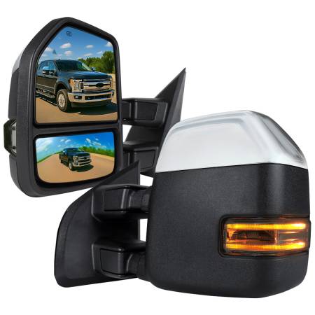 Spec'D Tuning Products - Spec-D 2017-2019 Ford F-250/F-350/F-450/F-550 Power Adjustable, Heated, BSM, ATS, & Manual Extendable Towing Mirrors w/ Smoke Lens LED Turn Signal, Clearance, & Auxiliary Lights
