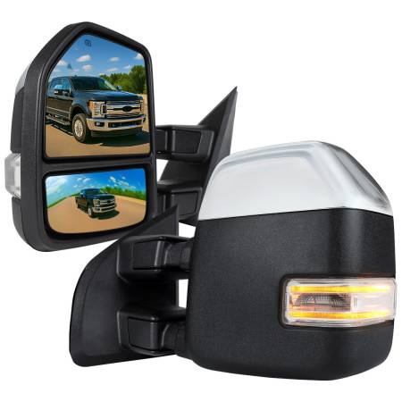 Spec'D Tuning Products - Spec-D 2017-2019 Ford F-250/F-350/F-450/F-550 Power Adjustable, Heated, BSM, ATS, & Manual Extendable Towing Mirrors w/ Clear Lens LED Turn Signal, Clearance, & Auxiliary Lights
