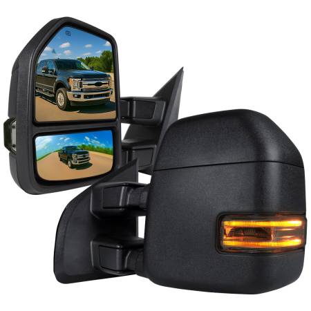Spec'D Tuning Products - Spec-D 2017-2019 Ford F-250/F-350/F-450/F-550 Super Duty Power Adjustable, Heated, BSM, ATS, & Manual Extendable Towing Mirrors w/ Smoke Lens LED Turn Signal, Clearance, & Auxiliary Lights