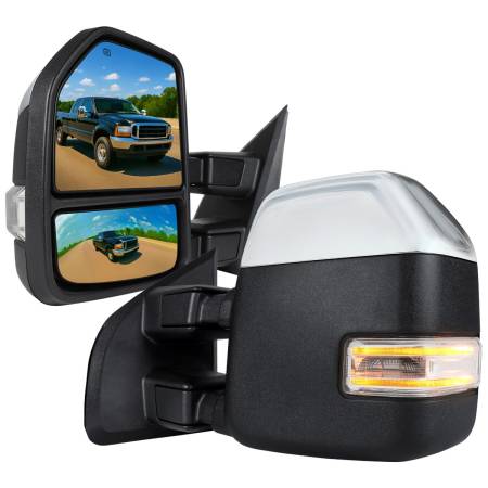 Spec'D Tuning Products - Spec-D 1999-2016 Ford F-250/F-350/F-450 Power Adjustable, Heated, & Manual Extendable Chrome Towing Mirrors w/ Clear Lens LED Turn Signal & Clearance Lights
