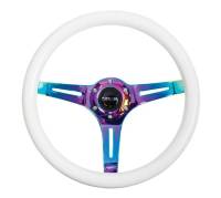 NRG Innovations - NRG Innovations Classic Wood Grain Steering Wheel (350mm) Glow-N-The-Dark Green Grip w/Neochrome 3-Spoke Center - Image 1