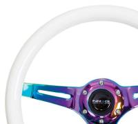 NRG Innovations - NRG Innovations Classic Wood Grain Steering Wheel (350mm) Glow-N-The-Dark Green Grip w/Neochrome 3-Spoke Center - Image 2