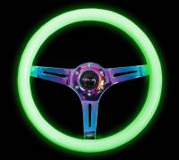 NRG Innovations - NRG Innovations Classic Wood Grain Steering Wheel (350mm) Glow-N-The-Dark Green Grip w/Neochrome 3-Spoke Center - Image 4