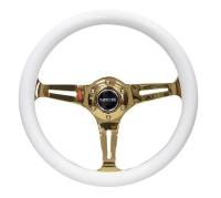 NRG Innovations - NRG Innovations Classic Wood Grain Steering Wheel (350mm) White Grip w/Chrome Gold 3-Spoke Center - Image 1