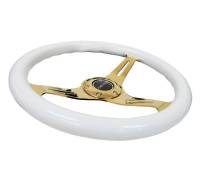 NRG Innovations - NRG Innovations Classic Wood Grain Steering Wheel (350mm) White Grip w/Chrome Gold 3-Spoke Center - Image 3