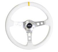 NRG Innovations Reinforced Steering Wheel (350mm / 3in. Deep) Wht Leather w/Silver Spoke & Single Yellow Mark