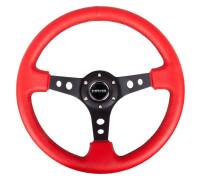 NRG Innovations Reinforced Steering Wheel (350mm / 3in. Deep) Red Leather/Blk Stitch w/Blk Circle Cutout Spokes