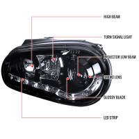 Spec'D Tuning Products - Spec-D 1999-2006 Volkswagen Golf Mk4 GTI/R32 Cabrio Projector Headlights w/ R8 Style LED Light Strip (Glossy Black Housing/Smoke Lens) - Image 5