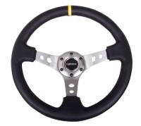 NRG Innovations Reinforced Steering Wheel (350mm / 3in. Deep) Blk Leather w/Gunmetal Cutout Spoke & Yellow CM