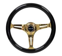 NRG Innovations - NRG Innovations Classic Wood Grain Steering Wheel (350mm) Black Grip w/Chrome Gold 3-Spoke Center - Image 1