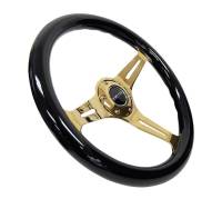 NRG Innovations - NRG Innovations Classic Wood Grain Steering Wheel (350mm) Black Grip w/Chrome Gold 3-Spoke Center - Image 2