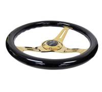 NRG Innovations - NRG Innovations Classic Wood Grain Steering Wheel (350mm) Black Grip w/Chrome Gold 3-Spoke Center - Image 3