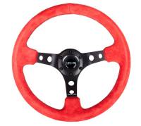 NRG Innovations Reinforced Steering Wheel (350mm / 3in. Deep) Red Suede w/Blk Circle Cutout Spokes