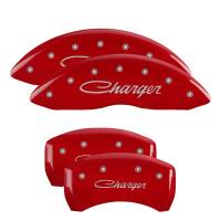 MGP Caliper Covers Red finish, Silver Charger (Cursive) for 2011-2019 Dodge Charger / 2011-2019 Dodge Challenger