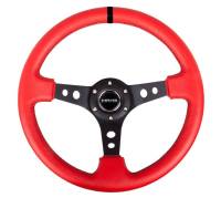 NRG Innovations Reinforced Steering Wheel (350mm / 3in. Deep) Red Leather/Blk Stitch w/Blk Spokes (Hole Cutouts)