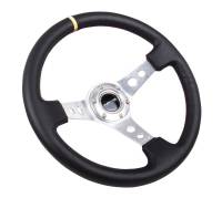 NRG Innovations - NRG Innovations Reinforced Steering Wheel (350mm / 3in. Deep) Blk Leather w/Circle Cut Spokes & Single Yellow CM - Image 3