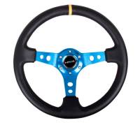 NRG Innovations Reinforced Steering Wheel (350mm / 3in. Deep) Blk Leather w/Blue Cutout Spoke & Single Yellow CM