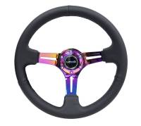 NRG Innovations Reinforced Steering Wheel (350mm / 3in. Deep) Blk Leather/Blk Stitch w/Neochrome Slits