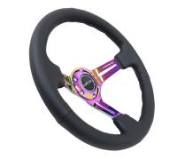 NRG Innovations - NRG Innovations Reinforced Steering Wheel (350mm / 3in. Deep) Blk Leather/Blk Stitch w/Neochrome Slits - Image 3