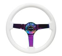 NRG Innovations Reinforced Steering Wheel (350mm / 3in. Deep) Classic White w/4mm Neochrome Solid 3-Spoke