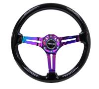 NRG Innovations Reinforced Steering Wheel (350mm / 3in. Deep) Blk Wood w/Blk Matte Spoke/Neochrome Center Mark