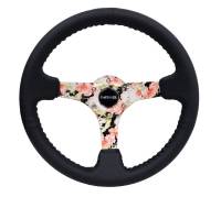 NRG Innovations Reinforced Steering Wheel (350mm / 3in. Deep) Blk Leather Floral Dipped w/ Blk Baseball Stitch