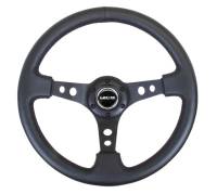 NRG Innovations Reinforced Steering Wheel (350mm / 3in. Deep) Blk Leather w/Blk Spoke & Circle Cutouts