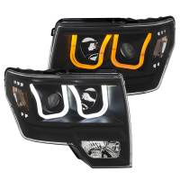 ANZO Headlights, Tail Lights and More  - ANZO 2009-2014 Ford F-150 Projector Headlights w/ U-Bar Switchback Black w/ Amber - Image 1