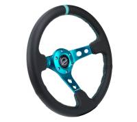 NRG Innovations - NRG Innovations Reinforce Steering Wheel (350mm / 3in. Deep) Blk Leather, Teal Center Mark w/ Teal Stitching - Image 3