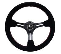 NRG Innovations Reinforced Steering Wheel (350mm / 3in. Deep) Blk Suede w/Red Stitching & 5mm Spokes w/Slits