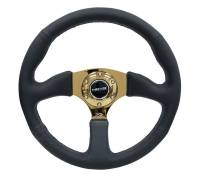 NRG Innovations - NRG Innovations Reinforced Steering Wheel (350mm / 2.5in. Deep) Leather Race Comfort Grip w/4mm Gold Spokes - Image 1