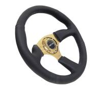 NRG Innovations - NRG Innovations Reinforced Steering Wheel (350mm / 2.5in. Deep) Leather Race Comfort Grip w/4mm Gold Spokes - Image 3