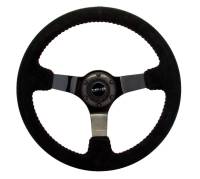 NRG Innovations - NRG Innovations Reinforced Steering Wheel (350mm / 3in. Deep) Blk Suede w/Red BBall Stitch & Black 3-Spoke - Image 1