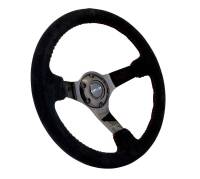 NRG Innovations - NRG Innovations Reinforced Steering Wheel (350mm / 3in. Deep) Blk Suede w/Red BBall Stitch & Black 3-Spoke - Image 3