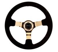 NRG Innovations Reinforced Steering Wheel (350mm / 3in. Deep) Blk Suede w/Red BBall Stitch & Chrome Gold 3-Spoke