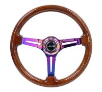 NRG Innovations Reinforced Steering Wheel (350mm / 3in. Deep) Brown Wood w/Blk Matte Spoke/Neochrome Center Mark